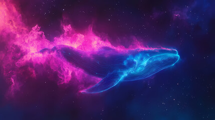 Fototapeta premium A glowing blue whale swims in a vibrant pink and purple nebula. its form is ethereal, seemingly made of light and energy. Neon Cosmic Whales. Illustration