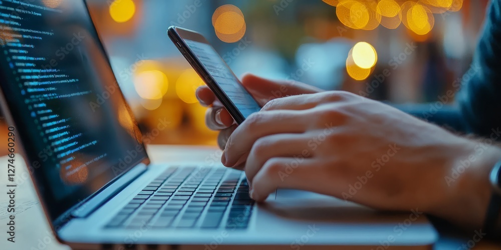 Poster a person is actively engaged in multitasking, skillfully using both a laptop and a smartphone simult