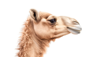 Obraz premium Dromedary camel head profile, highlighting distinctive large nostril, curved neck, serene gaze against transparent backdrop