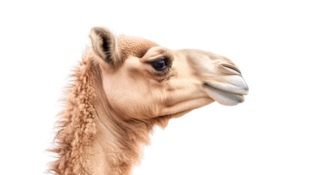 Dromedary camel head profile, highlighting distinctive large nostril, curved neck, serene gaze against transparent backdrop