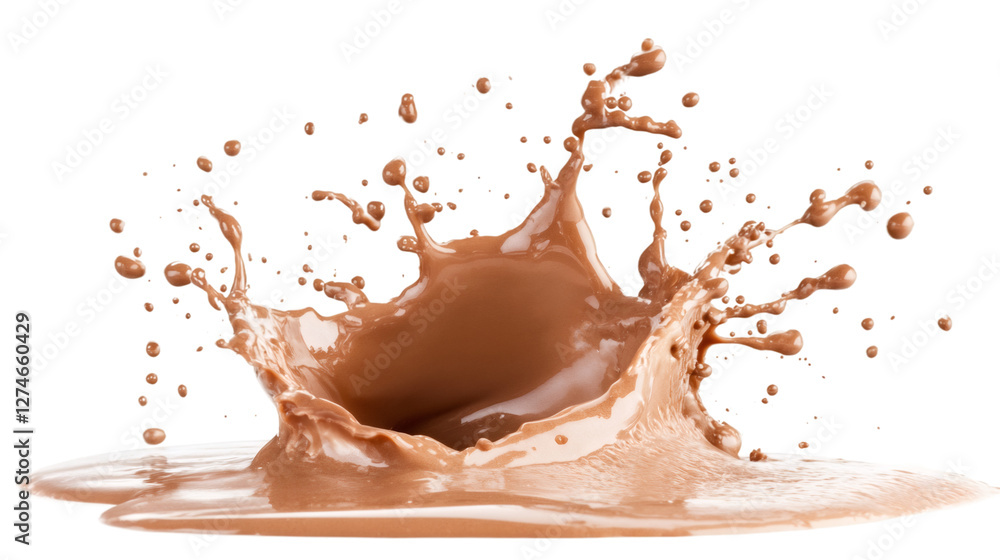 Poster chocolate milk splash forming regal crown shape, transparent backdrop highlighting artful liquid des