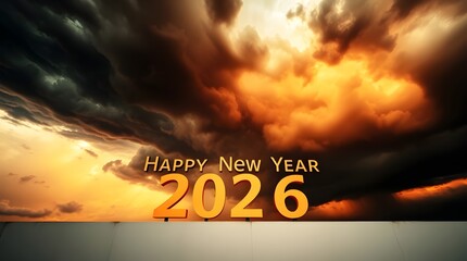 Realistic Happy New Year 2026 Celebration with Bold Text on 100 Percent Pure White Wall in Modern Minimalist Style