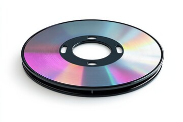 A reflective compact disc resting on a spindle under soft lighting in a cozy room setting isolated on transparent background