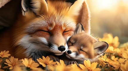 Obraz premium Fox Mother and Baby Kits Playing in a Summer Meadow, Fox Mother and Baby Love, Fox Mother and Baby Bonding.