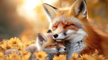 Fototapeta premium Fox Mother and Baby Kits Playing in a Summer Meadow, Fox Mother and Baby Love, Fox Mother and Baby Bonding.