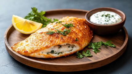 Grilled fish fillet with lemon, sauce, and herbs on wooden plate