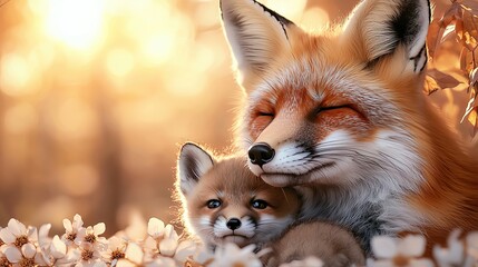 Fox Mother and Baby Kits Playing in a Summer Meadow, Fox Mother and Baby Love, Fox Mother and Baby Bonding.