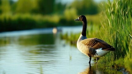 Obraz premium Canada goose standing by calm river in green landscape