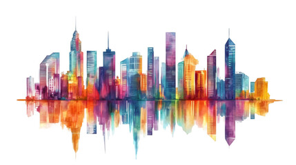 Obraz premium Watercolor cityscape reflecting luminously, urban scene blending with shimmering water surface