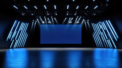 Modern empty stage with blue lighting and large screen, ready for event or performance