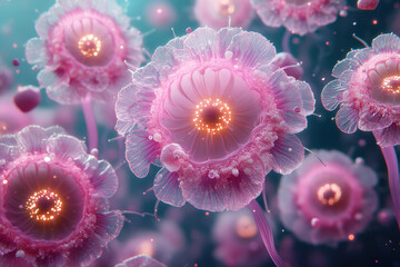 surreal microscopic view of cancer cells growing in a digital twin simulation, neon-lit biological structures dynamically shifting, AI-generated 3D models of tumor expansion