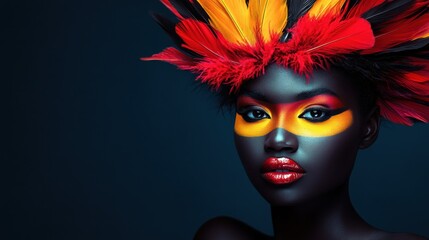 Portrait of a beautiful black woman with bold face paint and red-yellow feathers. Space for text.