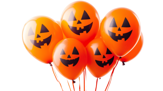 Bunch of orange balloons with halloween pumpkin faces floating on a transparent background, perfect for spooky season greetings - Powered by Adobe