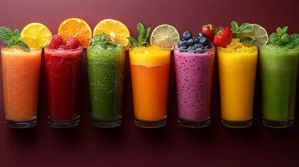 A vibrant collage of refreshing smoothies and juices, featuring a rainbow of colors and garnishes that invite a feeling of summer delight.