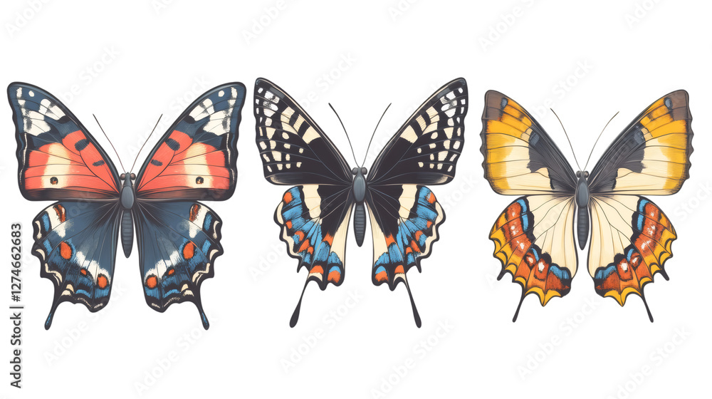 Poster colorful butterflies spreading wings, revealing intricate patterns and vibrant hues against pristine