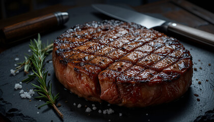 A Dramatic Food Photography Shot of a Juicy Medium-Rare Steak