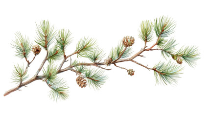 Pine branch bearing cones, watercolor-painted, transparent backdrop—elegant botanical illustration for seasonal graphic projects