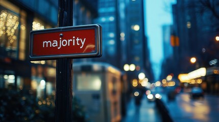 A close-up of a red sign with the word 'majority' set against a blurred, vibrant city street scene featuring tall buildings and streetlights \