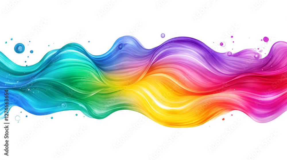 Poster Rainbow wave with vibrant colors flowing on a transparent background with bubbles, ideal for creative projects