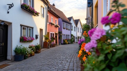 Fototapeta premium Quaint cobblestone street lined with colorful houses and vibrant flowers on windowsills