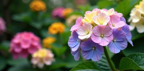 Obraz premium Beautiful blooming hydrangea flower in a garden with colorful flowers and foliage , floral, garden, botanical