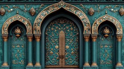 Ornate teal palace gate, gold detailing, architectural design, background wall, design inspiration