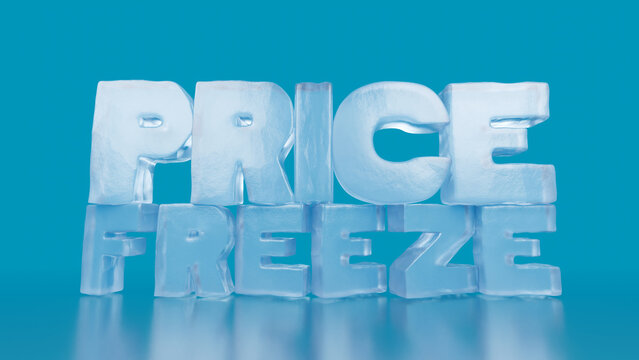 3D Frozen Text &ndash; "Price Freeze" Ice Typography on Blue Background. 3D, ice, frozen, typography, text, lettering, price freeze, icy