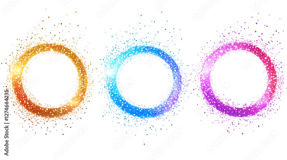 Poster Set of three colorful sparkling glitter circle frames on transparent background, perfect for adding a touch of magic to any project
