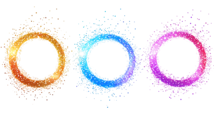 Set of three colorful sparkling glitter circle frames on transparent background, perfect for adding a touch of magic to any project