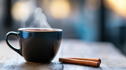 Steaming cup of coffee with cinnamon sticks on wooden table