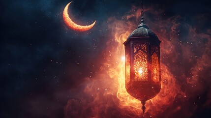 Ramadan lantern, crescent moon, night sky, mystical glow, festive greeting