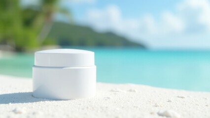 White cosmetic jar on tropical beach with turquoise sea and palm trees in background