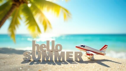 "Hello Summer" written in white letters next to a toy airplane on a sunny tropical beach. Concept of: Summer flights.