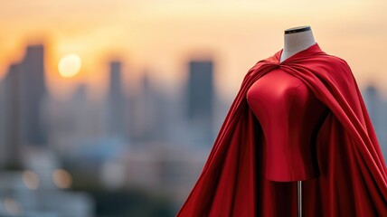 Red superhero costume on mannequin against city skyline at sunset