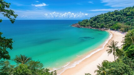 Fototapeta premium Beautiful tropical beach with clear water, white sand, and lush greenery