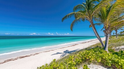 Tropical beach with clear blue water and palm trees on sunny day