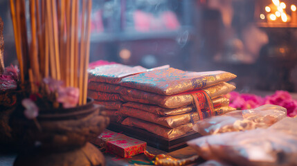Obraz premium Traditional Chinese paper offerings, including gold and silver joss paper, paper houses, and clothing, fluttering gently with incense glow. Generative AI