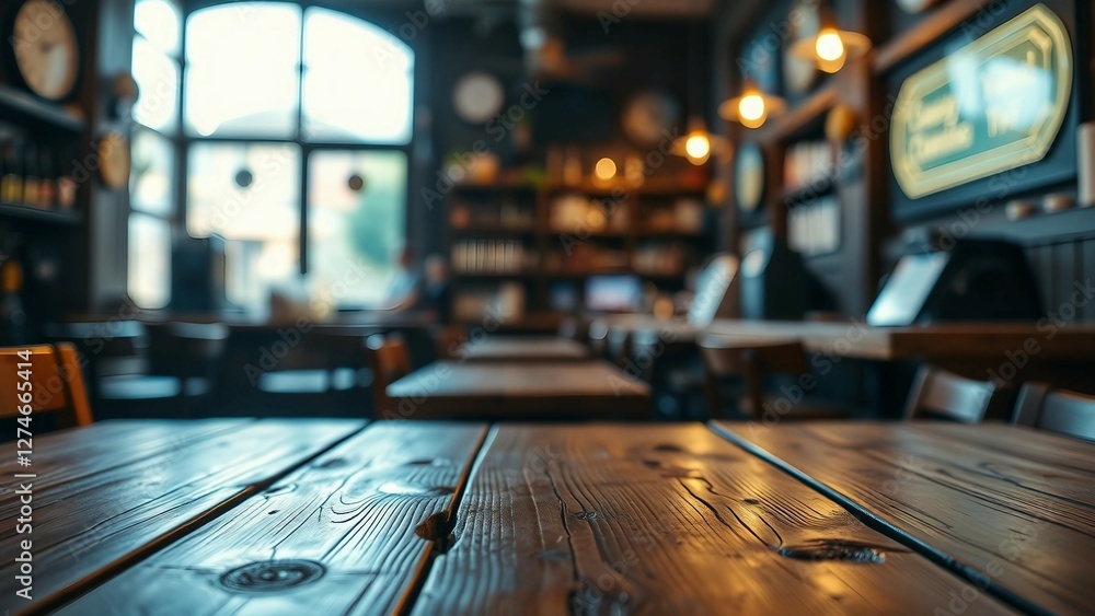 Aufkleber empty wooden table rustic and blurred background of bar or pub for product display high quality phot
