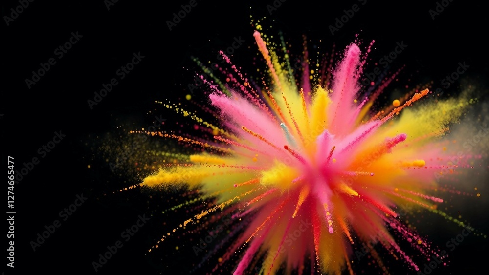 Poster explosion of bright colorful paint on black background burst of multicolored powder abstract pattern