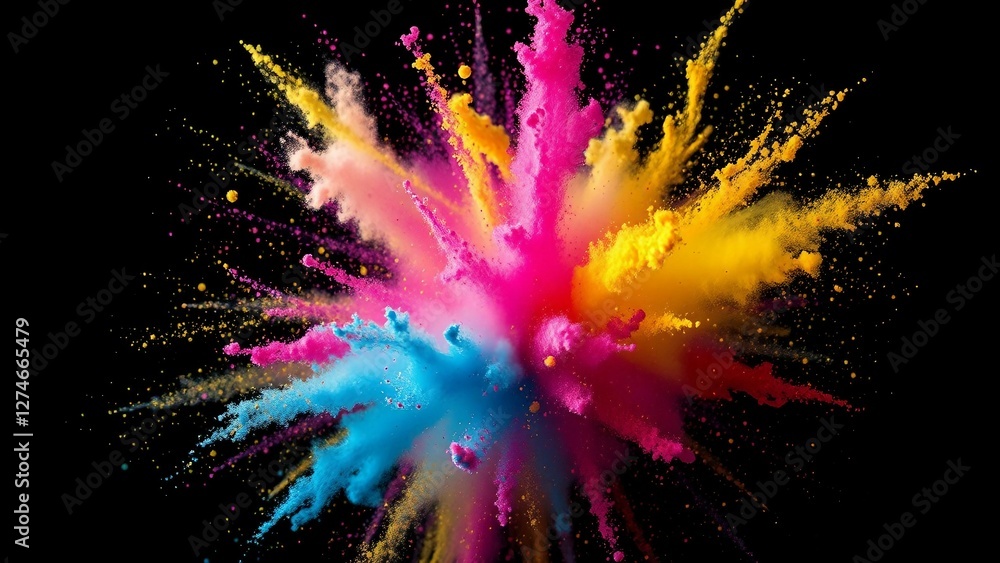 Poster explosion of bright colorful paint on black background burst of multicolored powder abstract pattern