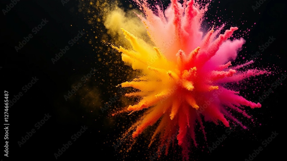 Poster explosion of bright colorful paint on black background burst of multicolored powder abstract pattern