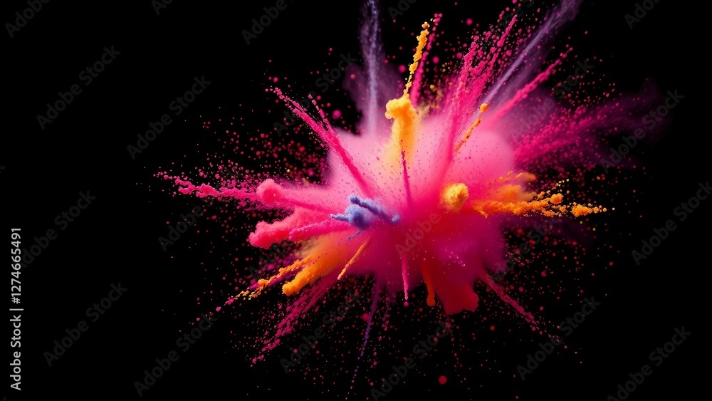 Poster explosion of bright colorful paint on black background burst of multicolored powder abstract pattern