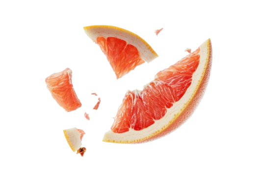 Vibrant grapefruit segments float gracefully mid-air, shattering into fragments isolated on transparent background