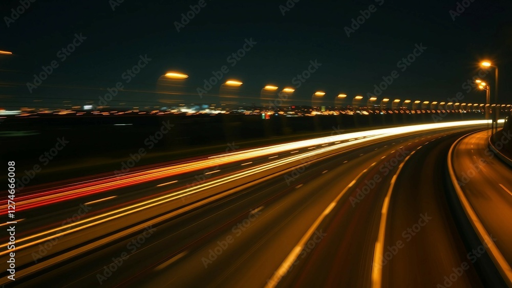 Poster light trails are speeding across a highway at night with glowing dots on the side creating a futuris