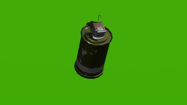 A 3D model of a grenade rotates on a green screen