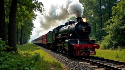 A vintage steam train is traveling through a lush green forest, billowing smoke. Concept of: Nostalgic railway journey