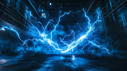 A burst of electric blue sparks surrounds a group of high-voltage wires, illuminating a dark industrial space with an otherworldly glow. Otherworldly Light Bridges. Illustration