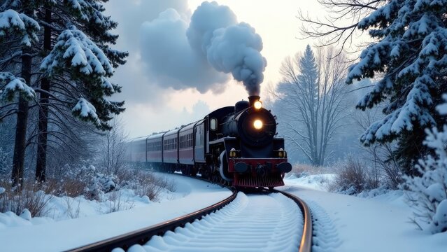A classic steam train winds through a snow-covered winter landscape. Concept of winter journey.
