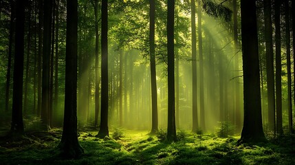 Obraz premium Sunlit Forest Path Morning Mist Enchanting Trees