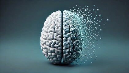 a surreal and conceptual representation of a human brain, divided into two halves symbolizes the transition from biological to digital,